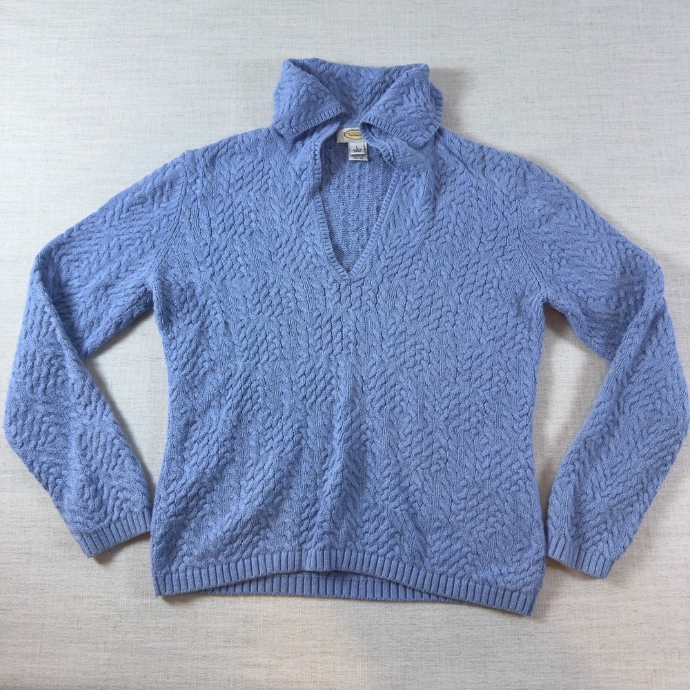 Talbots Sweater Womens L Periwinkle Blue Cable Knit Collared V Neck Pullover